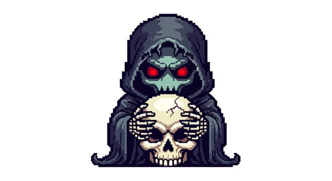 Pixel Art Grim Reaper Holding Skull Icon.