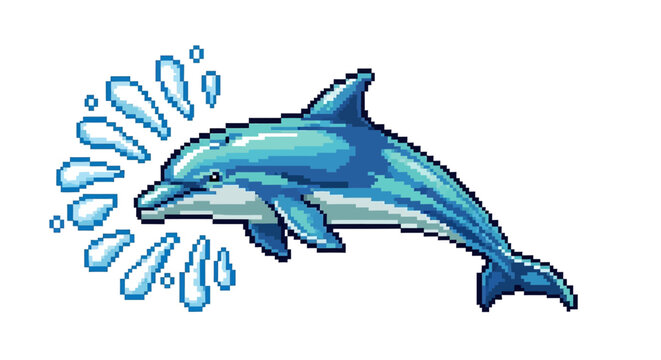 Pixel Art Dolphin Leaping Through Water Splashes.