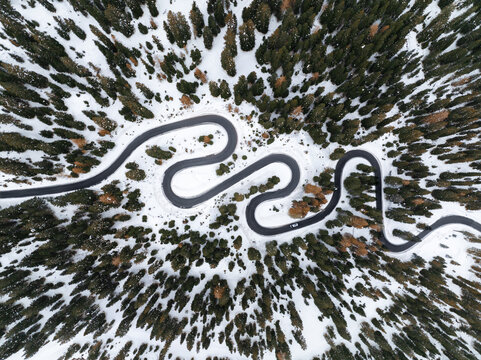 Aerial view of the winding Strada a serpente Passo Giau mountain road snaking through a dense snow-covered pine forest in Cortina d'Ampezzo, Veneto, Italy.