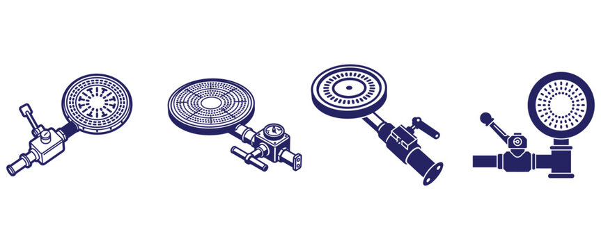 Industrial gas burner head assembly icons set vector technical blueprint illustration of stove parts on white backdrop.
