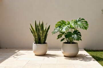 Fototapeta premium Modern Backyard Garden with Minimalist Green Plants in Soft Natural Light
