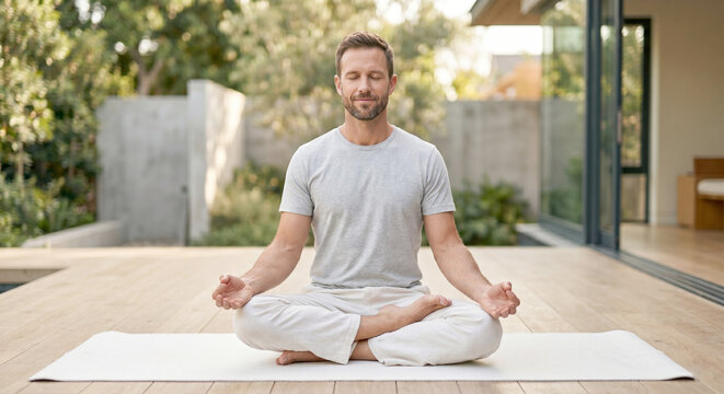 Peaceful mid-adult man practicing meditation in lotus position outdoors for mental health and wellness.
