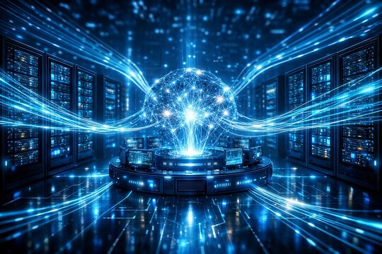 Futuristic Data Center Infrastructure with High-Performance Server Racks and Cloud Computing Technology