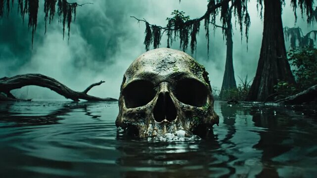 Human skull emerging from murky swamp water with cypress trees and Spanish moss