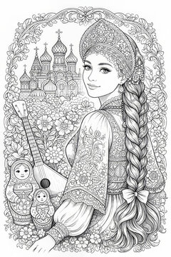 Ornate line art coloring page of an elegant Slavic girl with a l