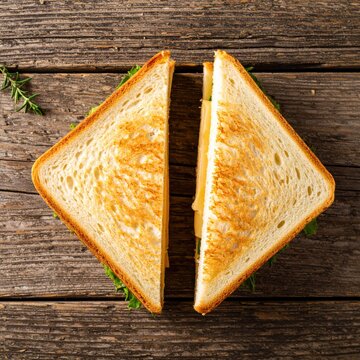 A delicious toasted sandwich cut in half reveals layers of cheese and greens resting on a rustic wooden table providing an inviting lunch meal presented beautifully.