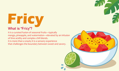 Fricy - A new trending food globally - Mis of juicy tropical fruits like mango, pineapple, watermelon tossed with seasonal spices like chili flakes, fresh jalapeños and spicy sour condiments with lime © R O K U
