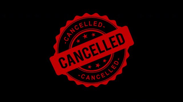 Cancelled red rubber stamp 4K animation video, circular ink seal with stars on black background, rejected document or event cancellation concept