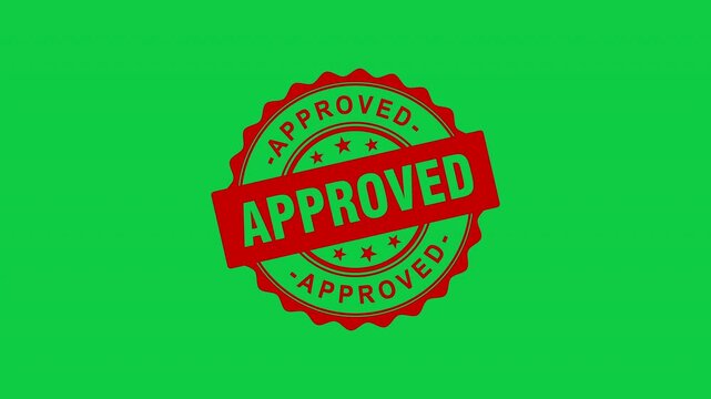 Approved rubber stamp animation on green screen, red circular seal of approval with stars, professional validation and certification icon