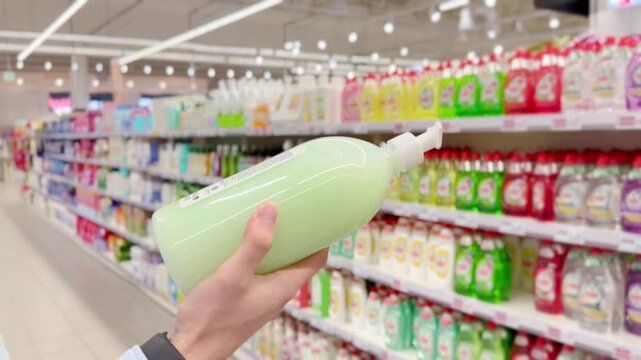 Choosing washing powder ,detergent,liquids at the Groceries.
