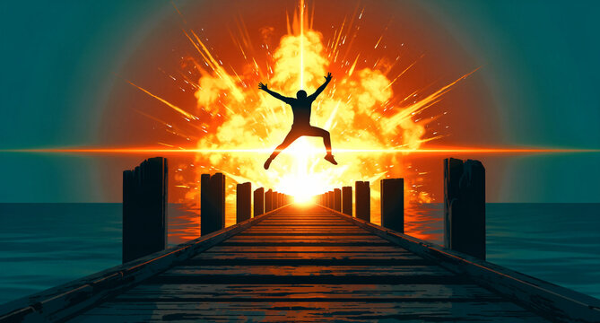 Man silhouette jumping in front of a massive explosion on a wooden pier. Dramatic cinematic scene with fire and ocean background at sunset. Conceptual illustration of success and breakthrough.