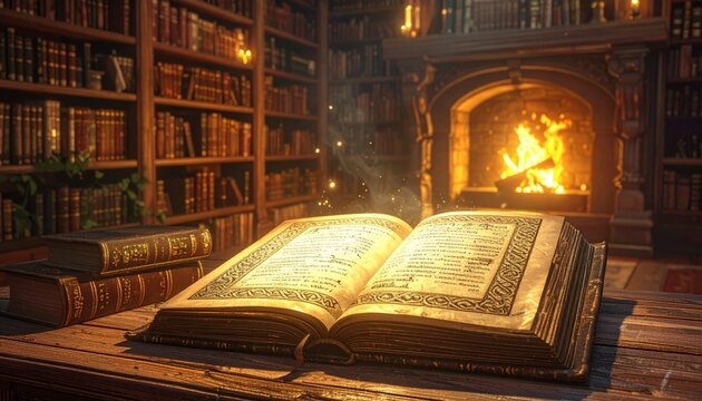 An ancient leather-bound codex filled with ornate Celtic knotwork borders and Ogham script rests open in a warm, dimly lit library by a crackling fireplace.