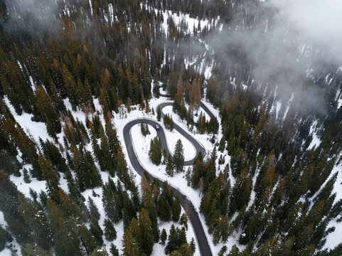 Aerial view of the Strada a serpente Passo Giau winding through a dense pine forest covered in snow with mist in Cortina d'Ampezzo, Veneto, Italy.