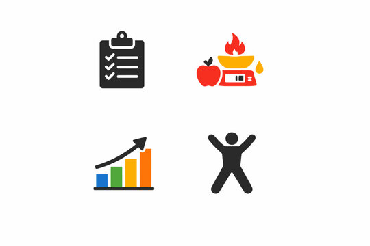 Healthy lifestyle icons: checklist, food scale, bar graph, exercise figure