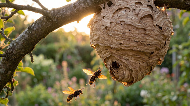 Asian hornet nest in tree with hornets flying at entrance, golden hour backlighting, invasive species threat in garden environment
