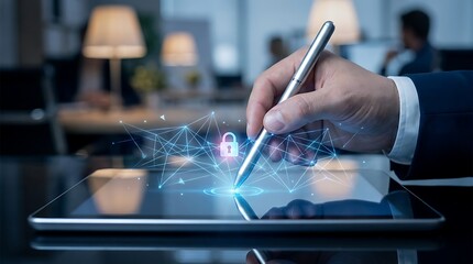 Fototapeta premium Person using stylus on tablet with digital lock and glowing particles security technology interface computer business
