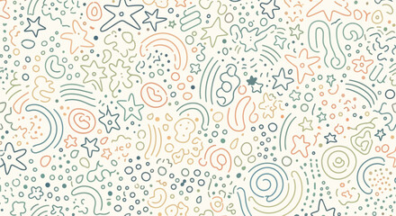 Fototapeta premium Whimsical Doodle Pattern with Stars, Swirls, and Abstract Shapes on Cream Background