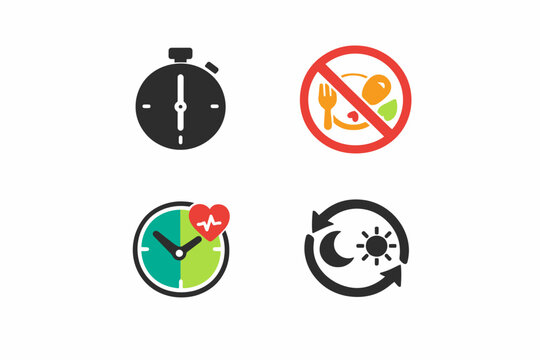 Intermittent fasting icons: stopwatch, no food symbol, heart rate clock, day night cycle