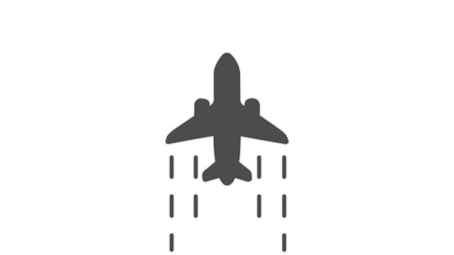 Visually appealing white linear animated icon of commercial airplane flight with dashed line trajectory trail for travel and aviation motion graphics on transparent background
