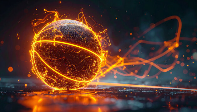 Basketball with fiery orange glow lines floating in air against dark urban backdrop, street basketball and sports concept, dynamic energy