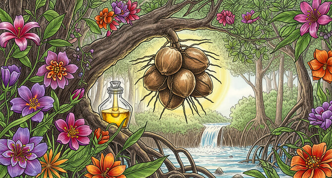 Bunch of coconuts hanging from a tree branch next to a bottle of organic oil. Tropical jungle landscape with a waterfall framed by flowers. Natural beauty and exotic botanical concept.