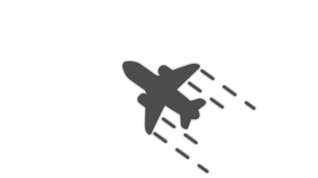 Visually appealing white linear animated icon of commercial airplane flight with dashed line trajectory trail for travel and aviation motion graphics on transparent background