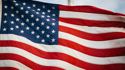 Fototapeta premium Close-up of a american flag with its distinctive stars and stripes waving gently in the wind against a soft blurred sky united states red white blue national pride memorial day veterans day