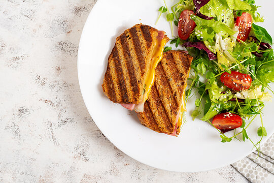 Healthy lunch with toasted sandwich and vegetable salad, top view