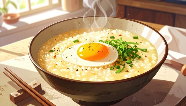 Steaming Bowl of Congee Jook with a Perfectly Cooked Egg Yolk and Fresh Chives