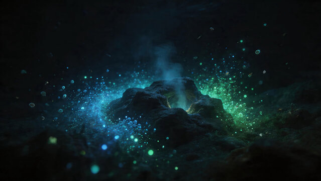 In the darkness of the deep sea, a group of bioluminescent bacteria and archaea float around a hydrothermal vent. They emit an ethereal blue-green glow.