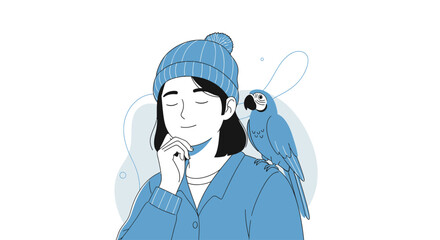 Calm person with blue parrot on shoulder illustration © Nur