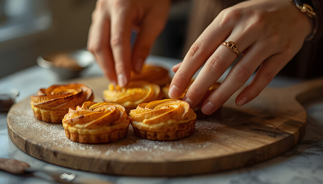 Close-Up of Baker Arranging Handcrafted Rose Apple Tarts