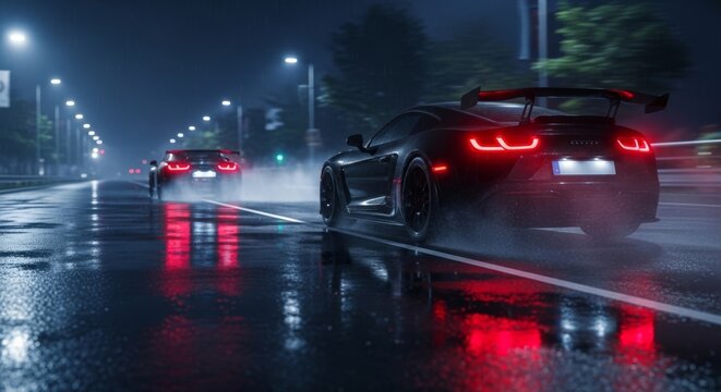 Two black sports cars race along a wet city road at night, their red taillights glowing through the rain and fog. It's a dynamic driving scene, full of speed and thrills.