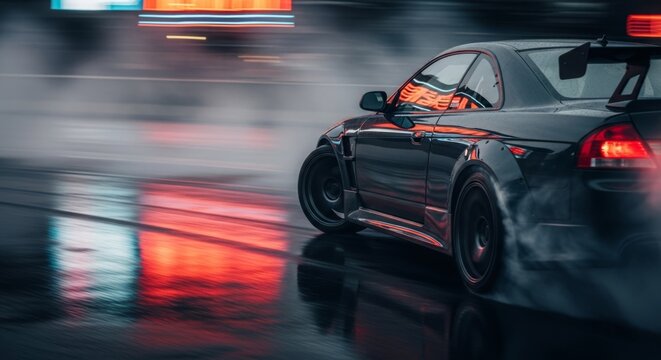 Black sports car drifting on wet urban street at night. Neon lights reflecting on rainy pavement with motion blur and tire