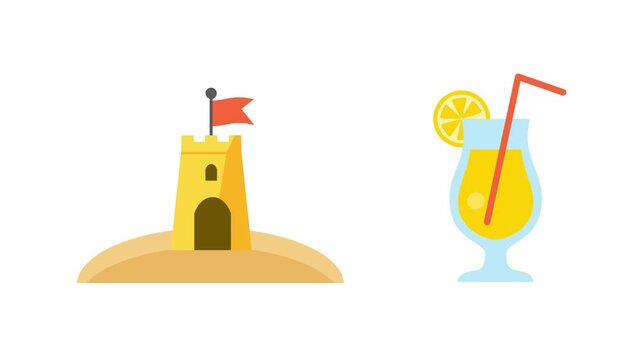 Summer Sandcastle And Fresh Drink. Summer Icon concept. Full length Icon animation illustration. High quality&nbsp;4k&nbsp;footage
