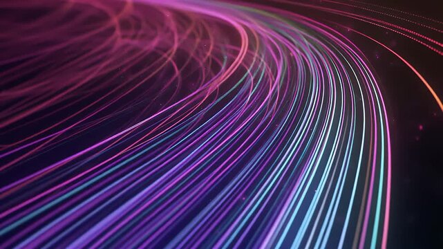 Close-Up of Abstract Light Streaks Bending and Flowing, Neon Gradient Highlights, Subtle Particle Motion