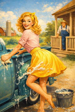 Cheerful retro pinup girl in a yellow skirt playfully washes a s