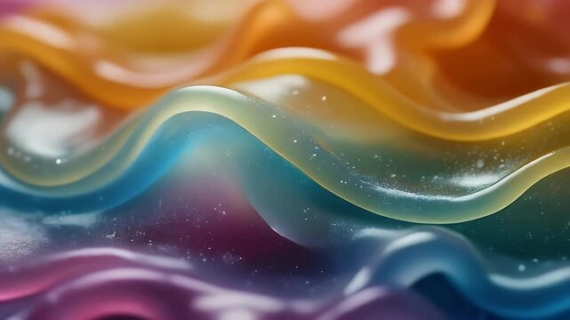 Macro of Colorful Slime Sheets Stretching and Folding Slowly, Soft Tactile Reflections, Whimsical Abstract Motion