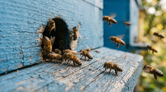 Bees entering and exiting a blue wooden beehive entrance with honey bee insect life worker bee insect colony animal shelter beekeeping entrance wildlife dwelling structure architecture