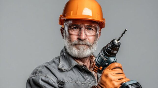 Older Worker in Safety Gear Holding a Power Drill with a Confident Expression for Construction or Repair Work in a Studio Setting
