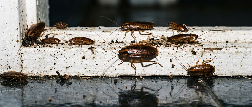 Multiple brown cockroaches infesting a dirty white wooden baseboard in a residential kitchen interior with cockroach infestation sanitation domestic bacteria crawling nuisance scavenger