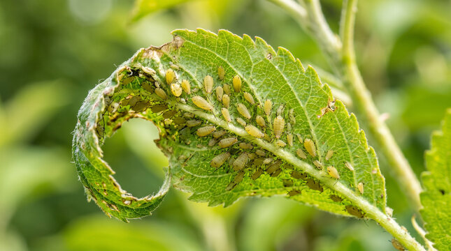 Colony of green aphids on a damaged plant leaf natural lighting garden pest green insect plant damage macro photography plant health garden life infestation close up agriculture vegetation