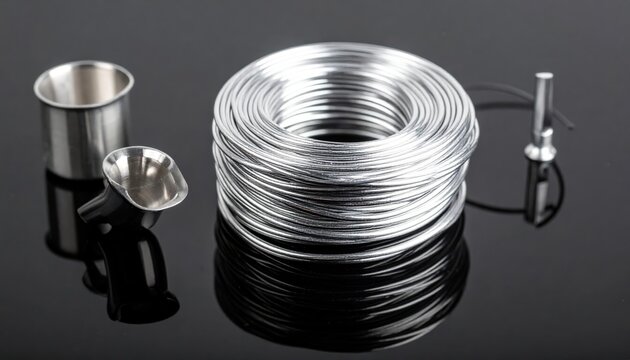 Precisely coiled shiny silver metal wire material resting on a dark scientific scale with a small metallic scoop nearby
