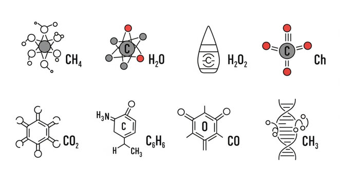 Various Chemical Molecular Structures and Formulas Hand Drawn Style.