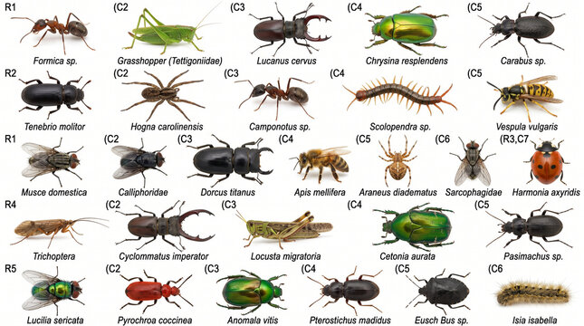 Collection of insects and arachnids identification chart with stag beetle dung beetle arachnids arthropods entomology grasshopper centipede scorpion caterpillar butterfly dragonfly mosquito
