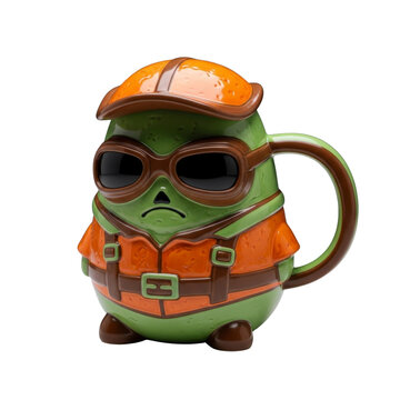 Green character mug with pilot goggles and hat