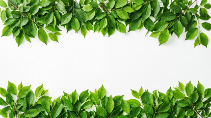 Fototapeta premium Green leaves border frame on white background with plant life background isolated decoration copy space overhead minimalist vegetation springtime wellness woodland environment