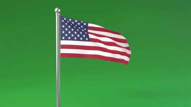 United States flag with thirteen stripes and fifty stars, mounted on silver flagpole, solid green background, patriotic national symbol.