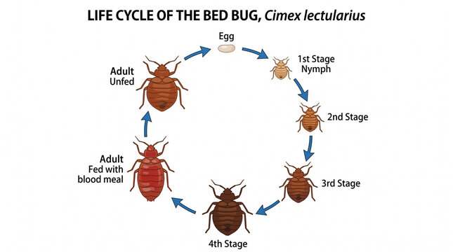 Detailed infographic diagram of the bed bug life cycle cimex lectularius stages from egg to adult on white background medical illustration pest control infographic parasite bloodsucker research