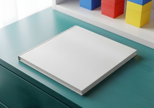 High-angle view of a blank white square hardcover book mockup resting on a dark teal wooden table surface with vibrant red, blue, and yellow blocks on a shelf in the background.
